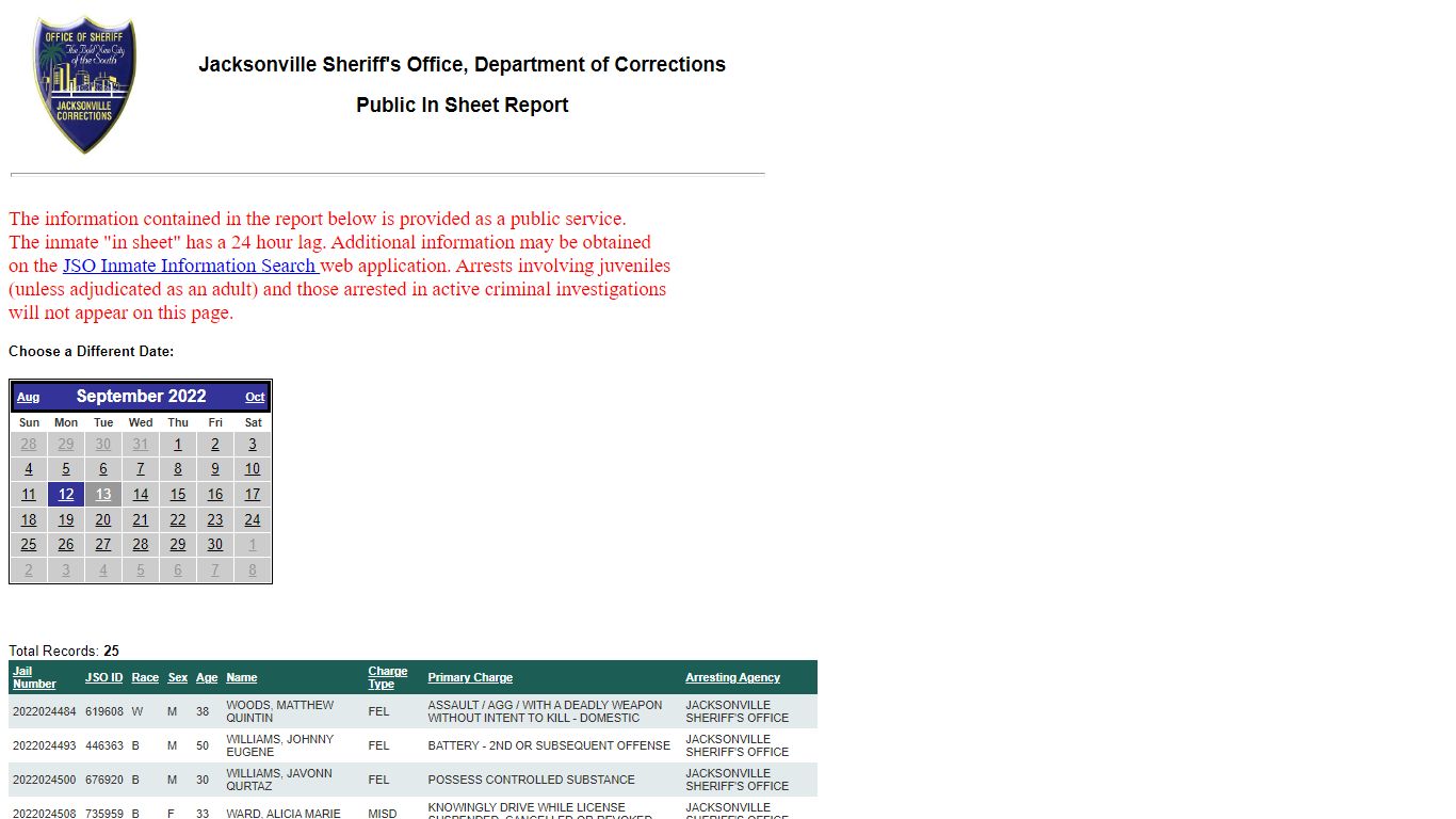 JSO Inmate Information Search